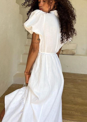 Ivory Grace - Puff Sleeve Linen Midi Dress