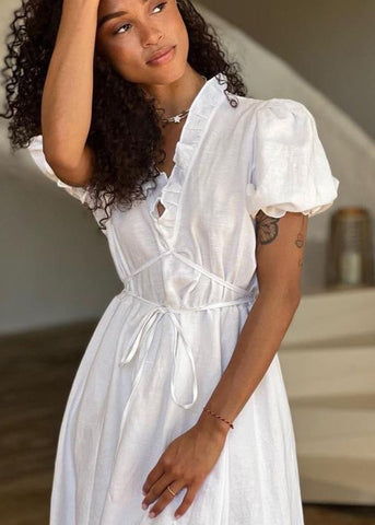 Ivory Grace - Puff Sleeve Linen Midi Dress