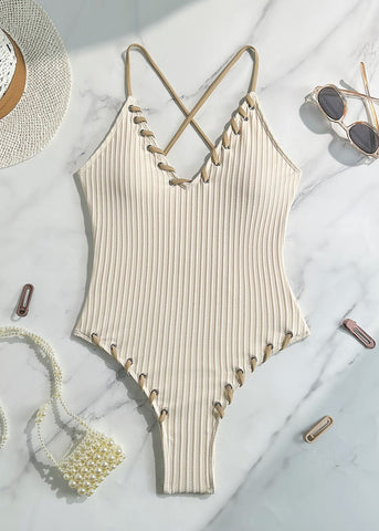 Lena - Ribbed Lace-Up One Piece Swimsuit