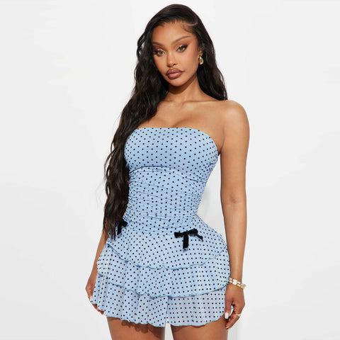 European and American style temperament skirt, fashionable bandeau waist, slimming spotted mesh bow decoration hip-hugging dress