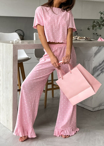 Polka Dot Lounge Set with Ruffle Hem