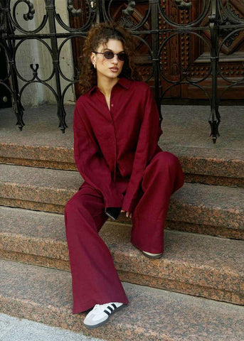 Merlot Relaxed Cotton Shirt & Wide-Leg Pants Set