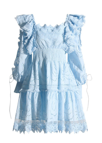 Seraphina Broderie Puff-Sleeve Dress Blue Smocked A-Line Mini