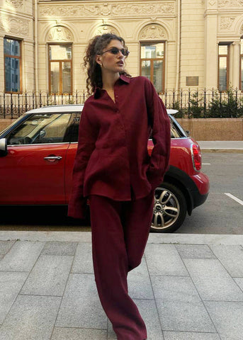Merlot Relaxed Cotton Shirt & Wide-Leg Pants Set