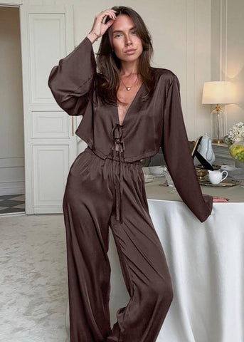 Satin Tie-Front Wide-Leg Set