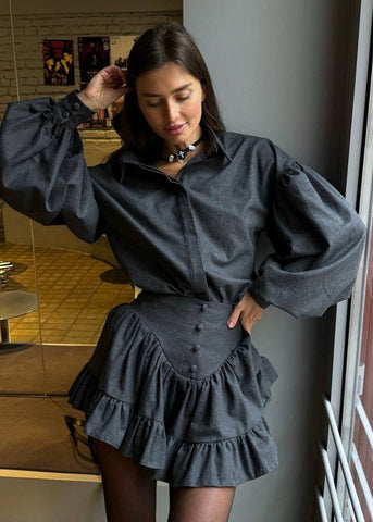 Noir Opulence - Ruffled Mini Skirt Set