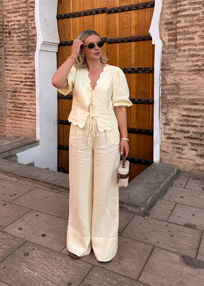 Limonetta - Scalloped Tie-Front Blouse & Wide-Leg Pants Set