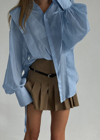 Rosette Oversized Shirt with Ribbon-Tie Puff Sleeves