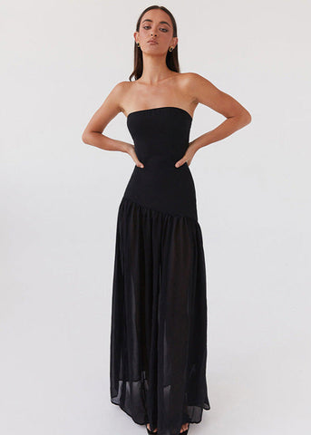 Noir Tide Strapless Black Maxi Dress with Sheer Skirt and Side Slit