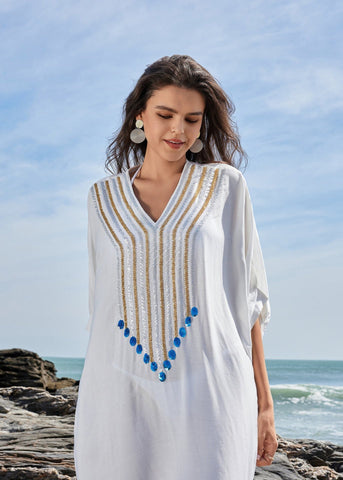Santorini Charm - EmbroideRed Kaftan Maxi Dress