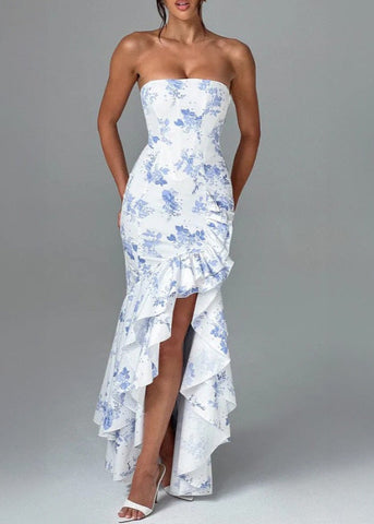 Floral Elegance - Strapless Ruffled Maxi Dress
