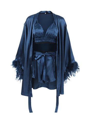 Feather Trim Satin Loungewear Set