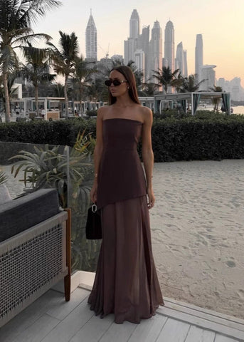 Seraphina Strapless Chiffon Panel Gown with Asymmetrical Drape