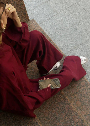 Merlot Relaxed Cotton Shirt & Wide-Leg Pants Set