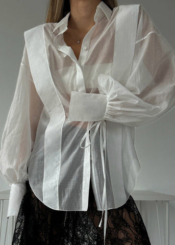 Rosette Oversized Shirt with Ribbon-Tie Puff Sleeves