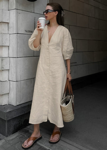 Noelle Linen Button-Down Midi Dress
