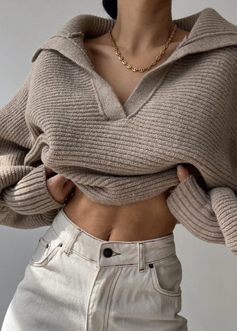 Oversized Ribbed Knit CollaRed Sweater