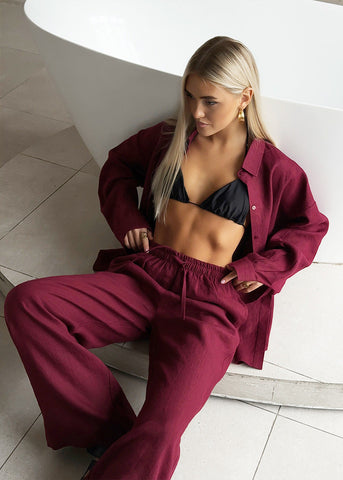 Merlot Relaxed Cotton Shirt & Wide-Leg Pants Set