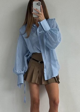 Rosette Oversized Shirt with Ribbon-Tie Puff Sleeves