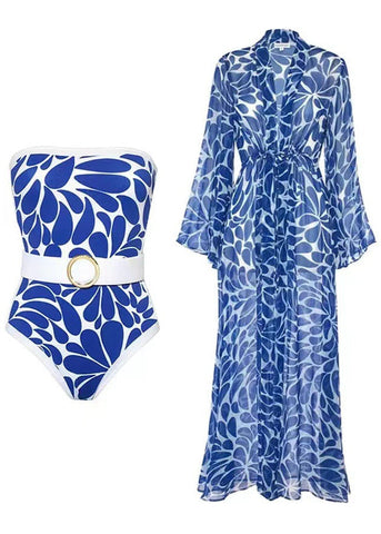 Santorini Breeze Strapless Swimsuit & Sheer Cover-Up Set