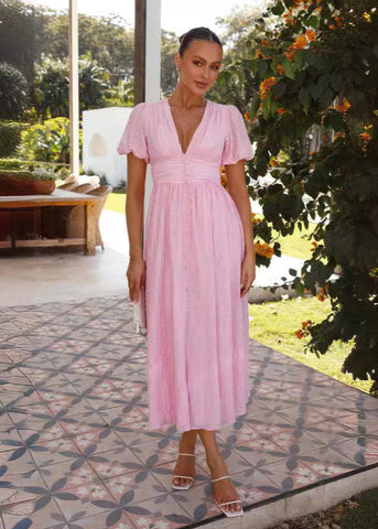 Rosalie Puff Sleeve Button-Front Midi Dress