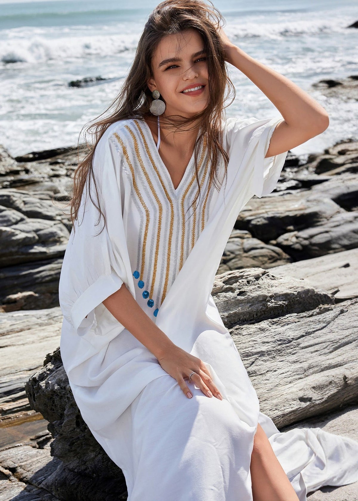 Santorini Charm - EmbroideRed Kaftan Maxi Dress