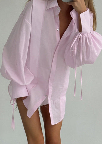 Rosette Oversized Shirt with Ribbon-Tie Puff Sleeves