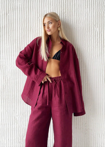 Merlot Relaxed Cotton Shirt & Wide-Leg Pants Set