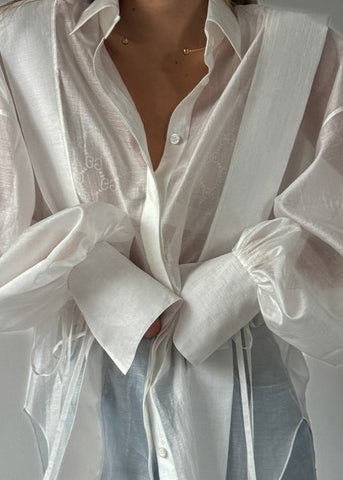 Rosette Oversized Shirt with Ribbon-Tie Puff Sleeves