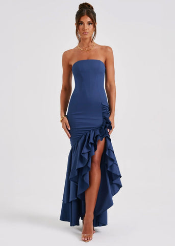 Midnight Cascade - Strapless Ruffled Maxi Dress