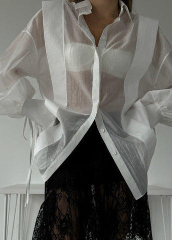Rosette Oversized Shirt with Ribbon-Tie Puff Sleeves