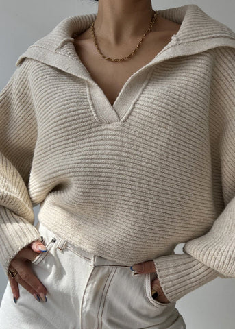 Oversized Ribbed Knit CollaRed Sweater