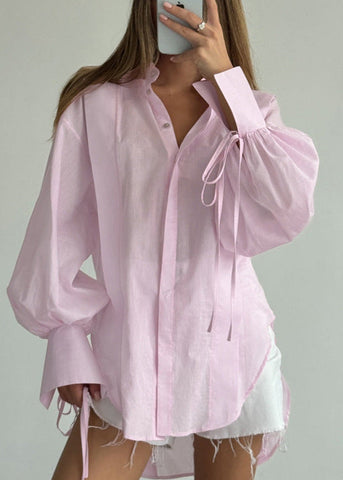 Rosette Oversized Shirt with Ribbon-Tie Puff Sleeves