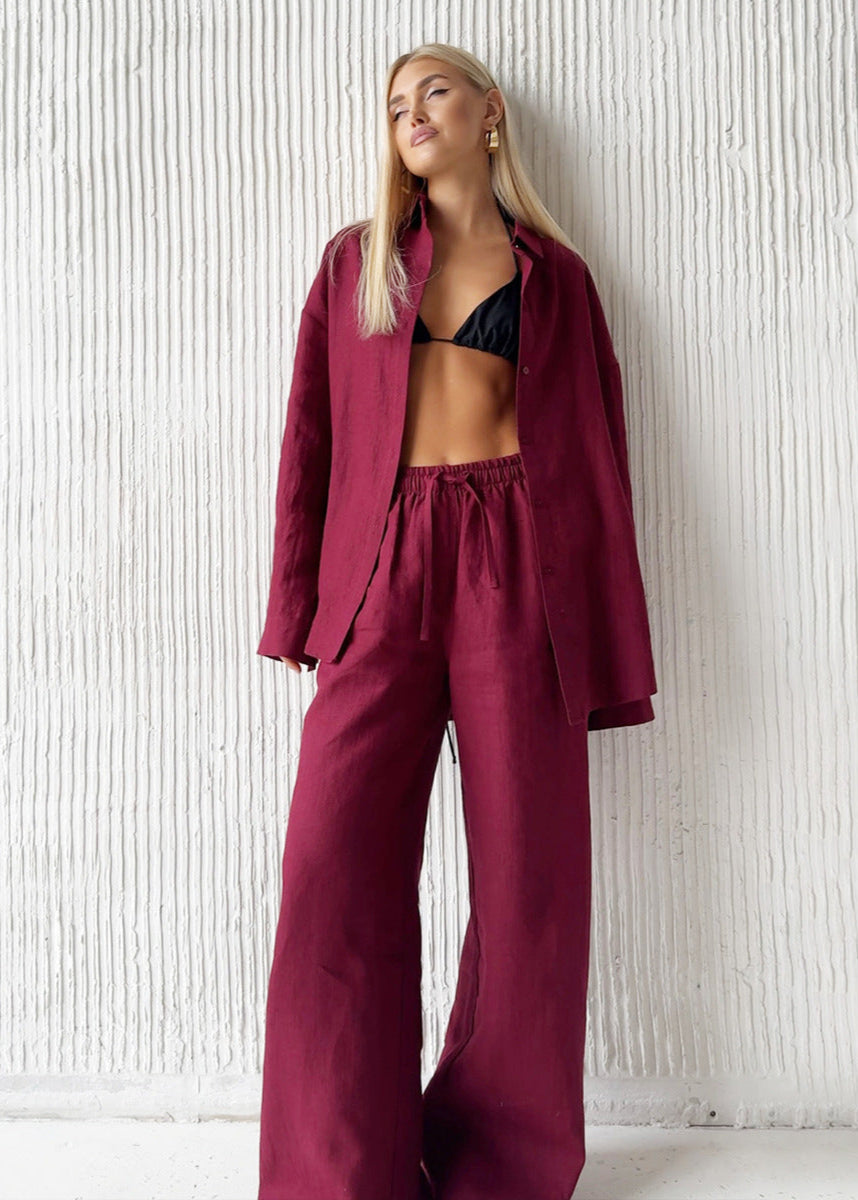 Merlot Relaxed Cotton Shirt & Wide-Leg Pants Set