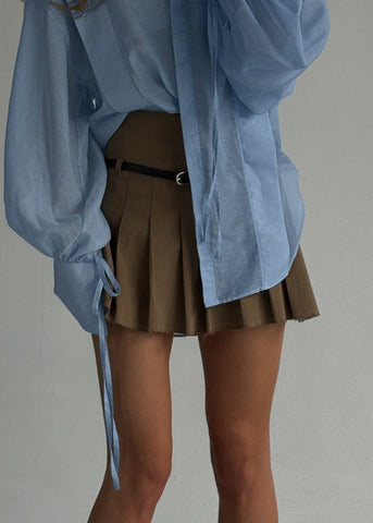 Rosette Oversized Shirt with Ribbon-Tie Puff Sleeves