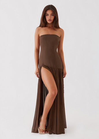 Mocha Drape Strapless High Slit Maxi Dress