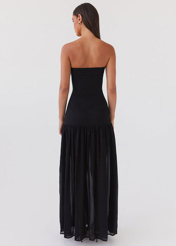 Noir Tide Strapless Black Maxi Dress with Sheer Skirt and Side Slit
