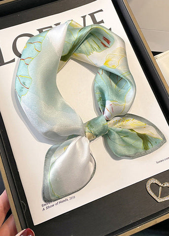 Mint Bloom - Satin Square Scarf with Lotus Garden Print