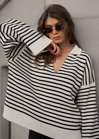 Mariner Striped V-Neck Knit Sweater with Wide Sleeves