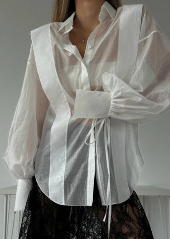 Rosette Oversized Shirt with Ribbon-Tie Puff Sleeves