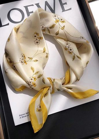 Golden Petal - Satin Square Scarf with Yellow Floral Border