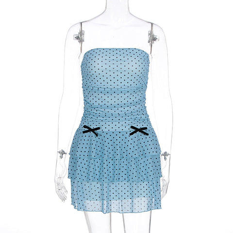 European and American style temperament skirt, fashionable bandeau waist, slimming spotted mesh bow decoration hip-hugging dress