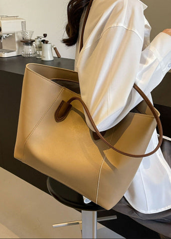 Elara Two-Tone PU Leather Tote Bag with Long Shoulder Straps
