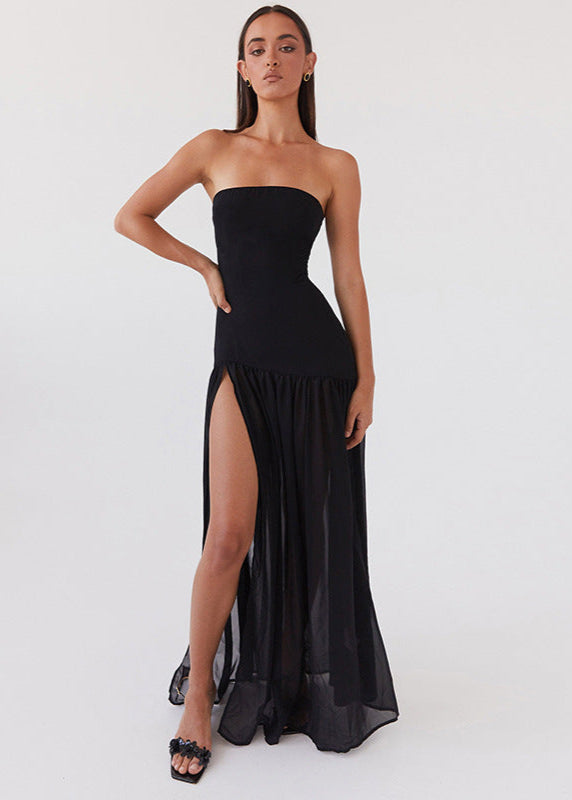 Noir Tide Strapless Black Maxi Dress with Sheer Skirt and Side Slit