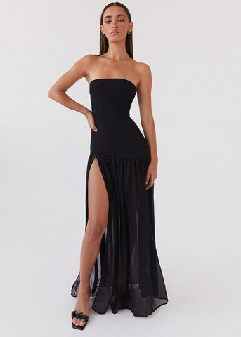 Noir Tide Strapless Black Maxi Dress with Sheer Skirt and Side Slit