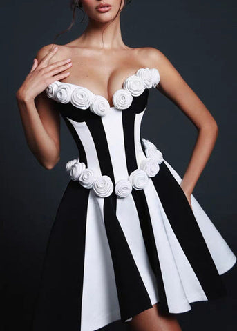 Monet Strapless Rosette Mini Dress Black & White Sculpted Fit-and-Flare