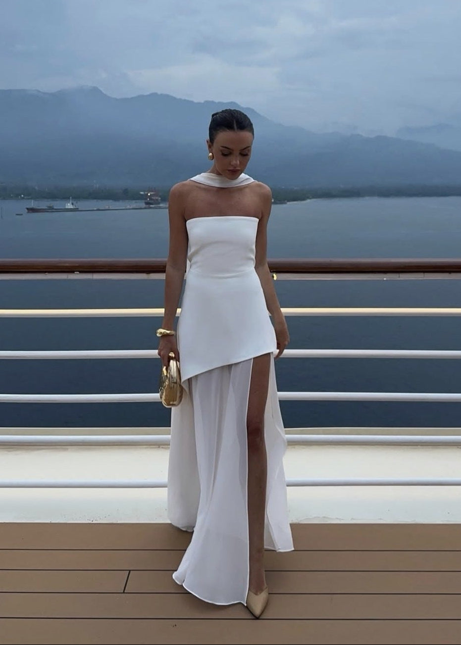 Seraphina Strapless Chiffon Panel Gown with Asymmetrical Drape
