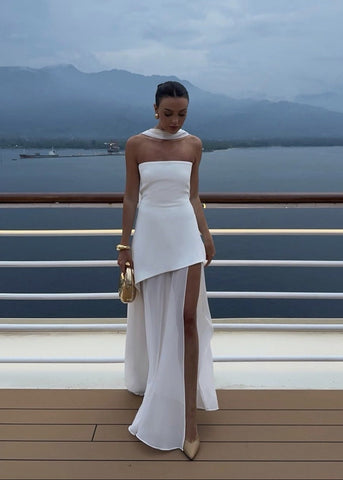 Seraphina Strapless Chiffon Panel Gown with Asymmetrical Drape