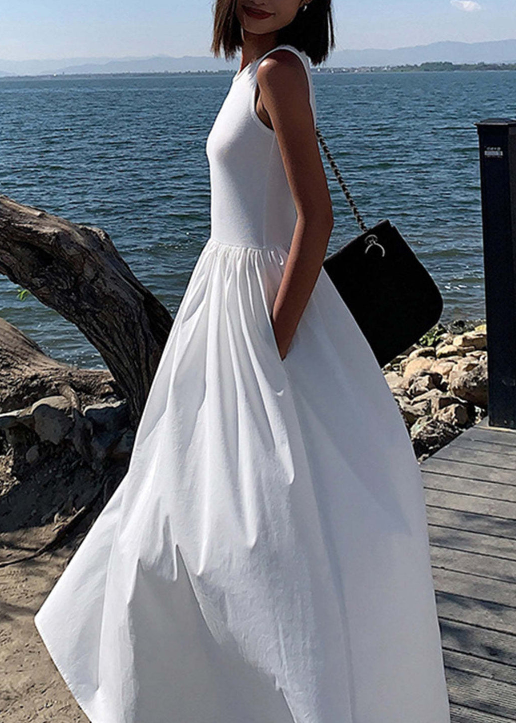 Isla Flowy Maxi Dress Sleeveless White Summer Dress with Pockets