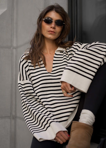 Mariner Striped V-Neck Knit Sweater with Wide Sleeves
